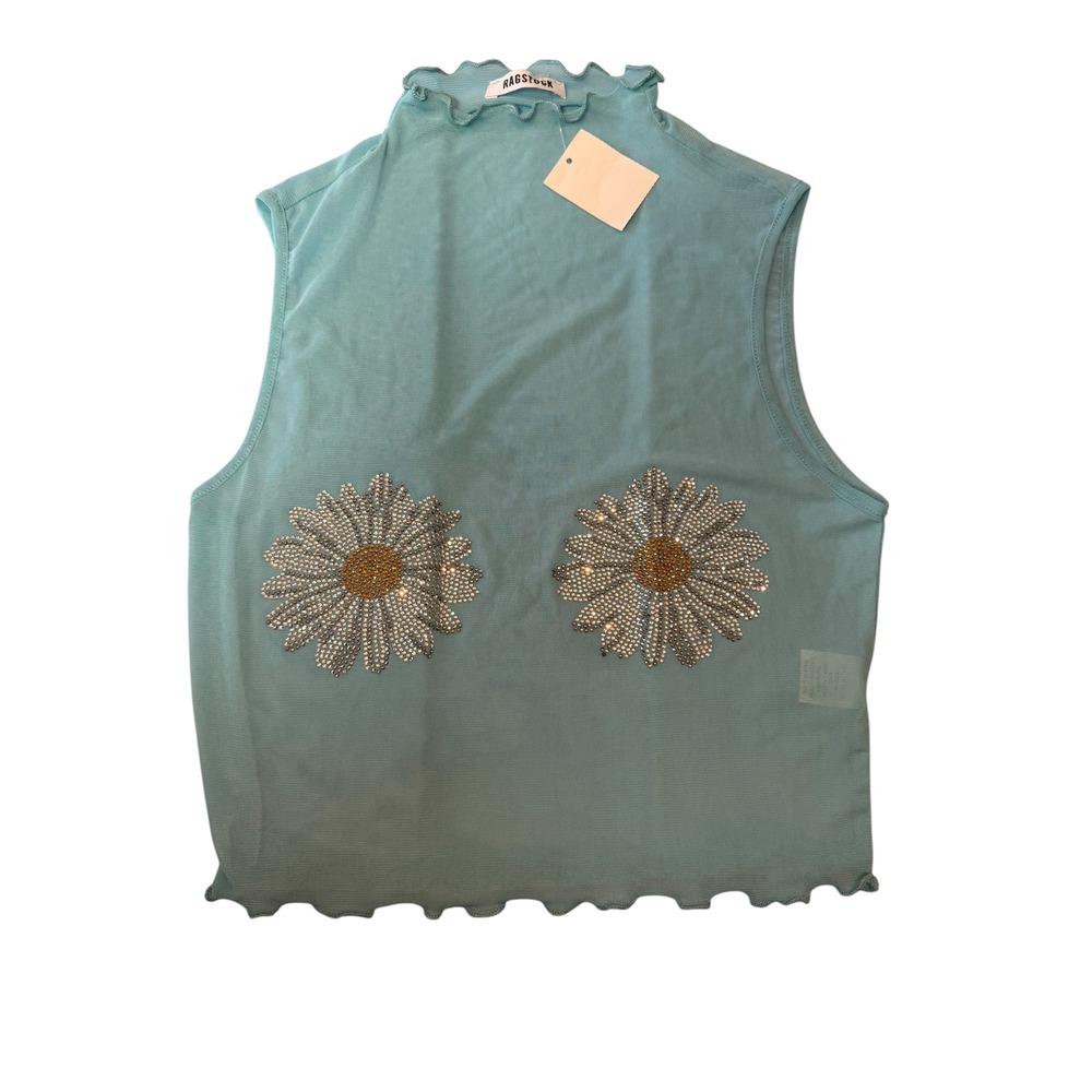 Ragstock Size M Rhinestone Daisy Sheer Mesh Top Aqua Blue Festival Rave NWT